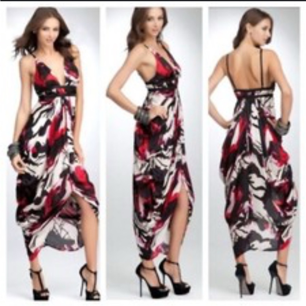 Bebe Floral Rouche Tiered Red and Black Women's Dress